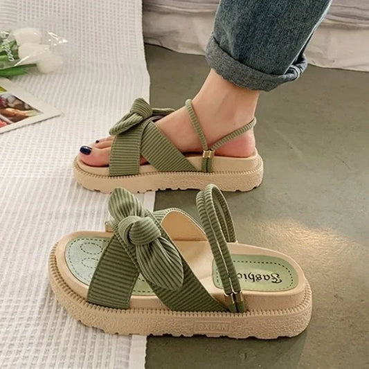 Fairy Style Lady Summer Slippers Thick Platform Flat Sandals with Butterfly-Knot