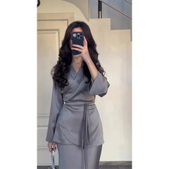 Women's V Neck Satin Dress Elegant Long Sleeve Elastic High Waist