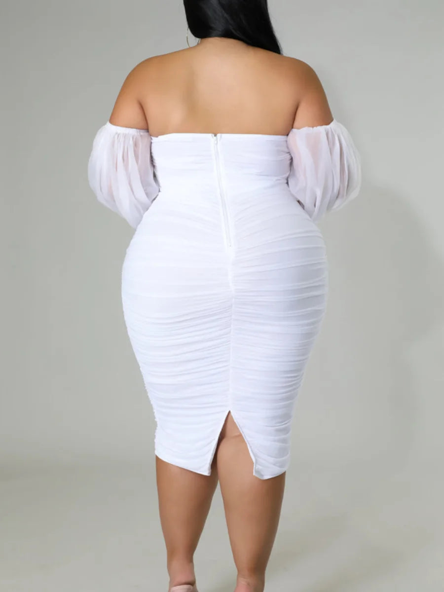Plus Size Off The Shoulder Ruched Bodycon Dress Women Solid Elegant