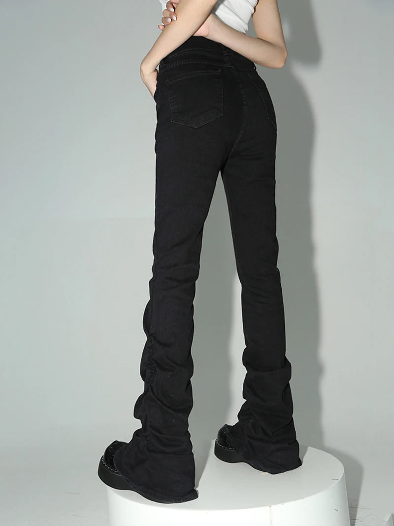 Black Ruched Flare Jeans Women Solid Stretch Bootcut Stacked Pants