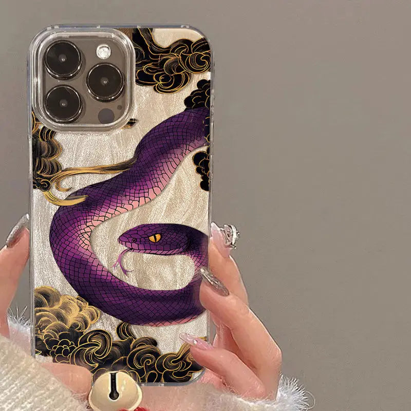 Illustration Plum Blossom Pink Snake Phone Case For iPhone 16 Pro Max 15 14 Plus 13 12 11 XS X XR 7 8 16 Plus SE 2022 16E Cover