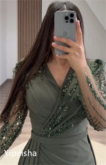 Homecoming Dresses: V-neck Sheath Celebrity Sequin Flowers Fold Satin Prom Dresses
