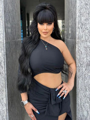 Evening Dresses: Black Long Dress Women Diagonal Collar One-Shoulder