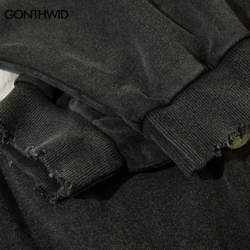 Vintage Mens Hoodie Sweatshirt Y2K Grunge Hip Hop Ripped Embroidery Teeth Patch