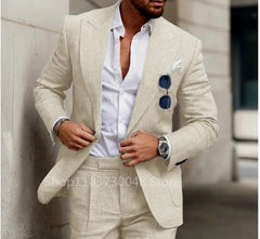 Elegant Beige Linen Men Suit Smart Casual Single Breasted Slim Fit Blazer