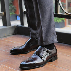 Luxury Men's Double Buckle Monk Strap Formal Shoes Genuine Leather Classic