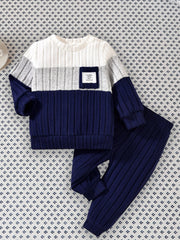 VISgogo 0-3 Years Boys Fall 2Pcs Clothes Sets Long Sleeve O Neck Patchwork Pullover Solid Color Pants