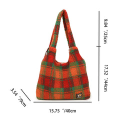 Women Lamb Wool Fluffy Handbag Large Capacity Plush Shoulder Bag Plaid