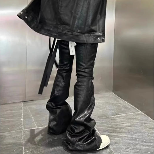 Streetwear Black Wax Leather Stretch Jeans for Men Ropa Hombre Baggy Y2k Flare Pants