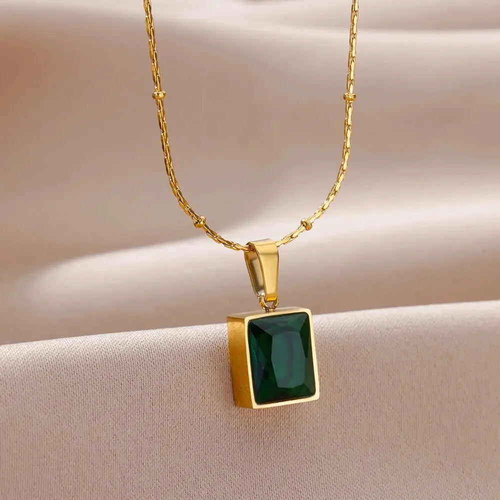 Trendy Oval Colorful Stone Necklace For Women Stainless Steel Gold Color Green Opal Stone Pendant Necklace Aesthetic Jewelry Gif