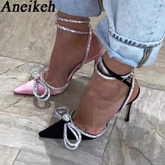 Glitter Rhinestones Women Pumps Crystal Bowknot Satin Lady Silk High Heels