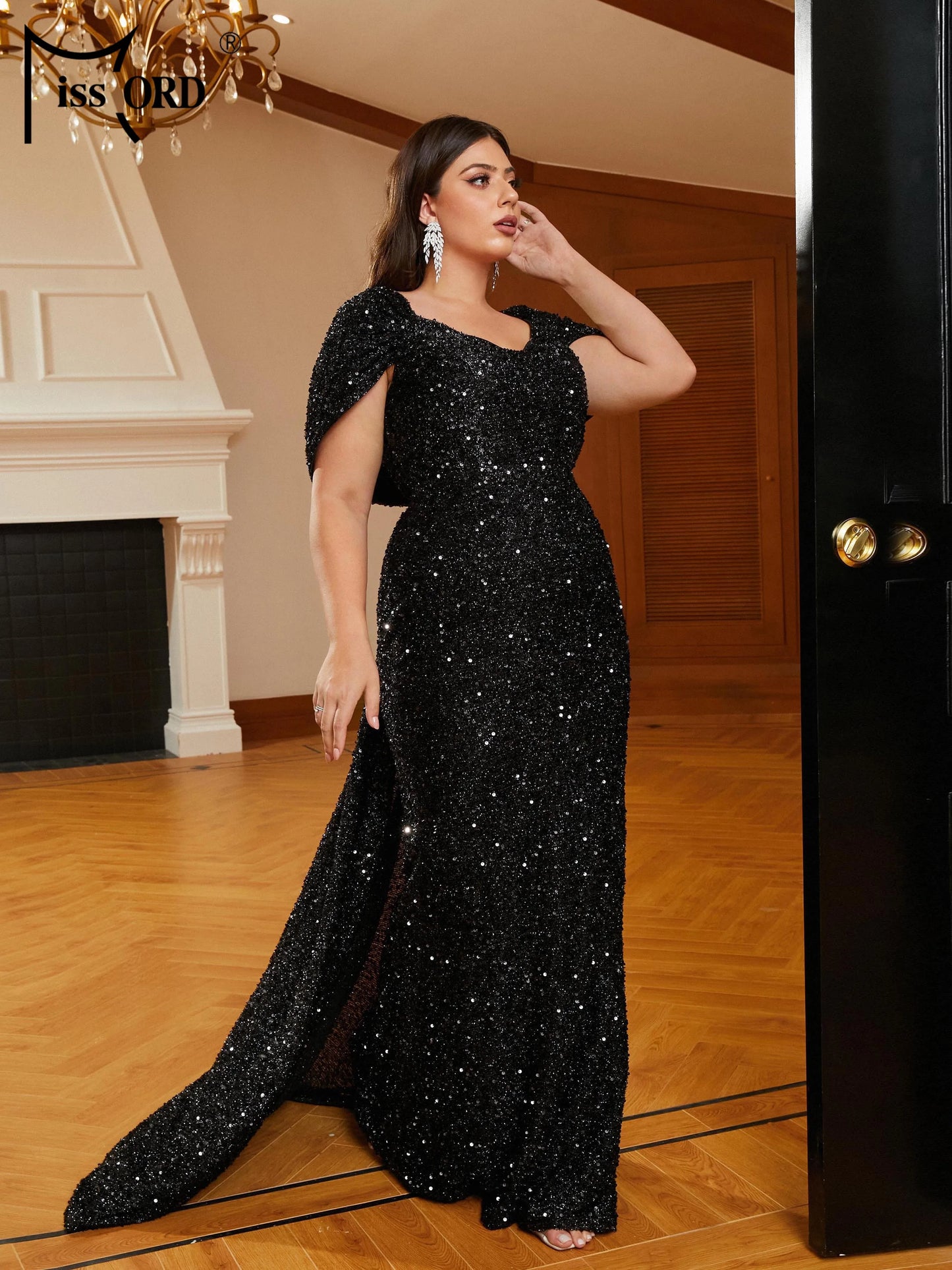Plus Size Black Draped V-neck Short Sleeved Sequin Mermaid Evening Floor