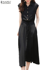 Evening wear Dresses: Office Work Dress Women Lapel Neck Sleeveless