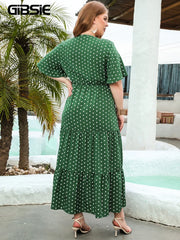 Plus Size Polka Dot V-Neck Butterfly Sleeve Dress Women Summer
