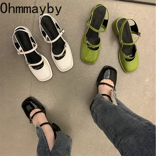 Mary Jane Shoes Buckle Pumps Women Thick Heels Elegant Shallow Square Toe