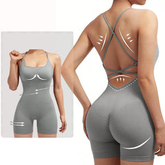 Yoga Criss Cross Backless Cami Sports Romper,Women's Jumpsuits Ribbed One Piece