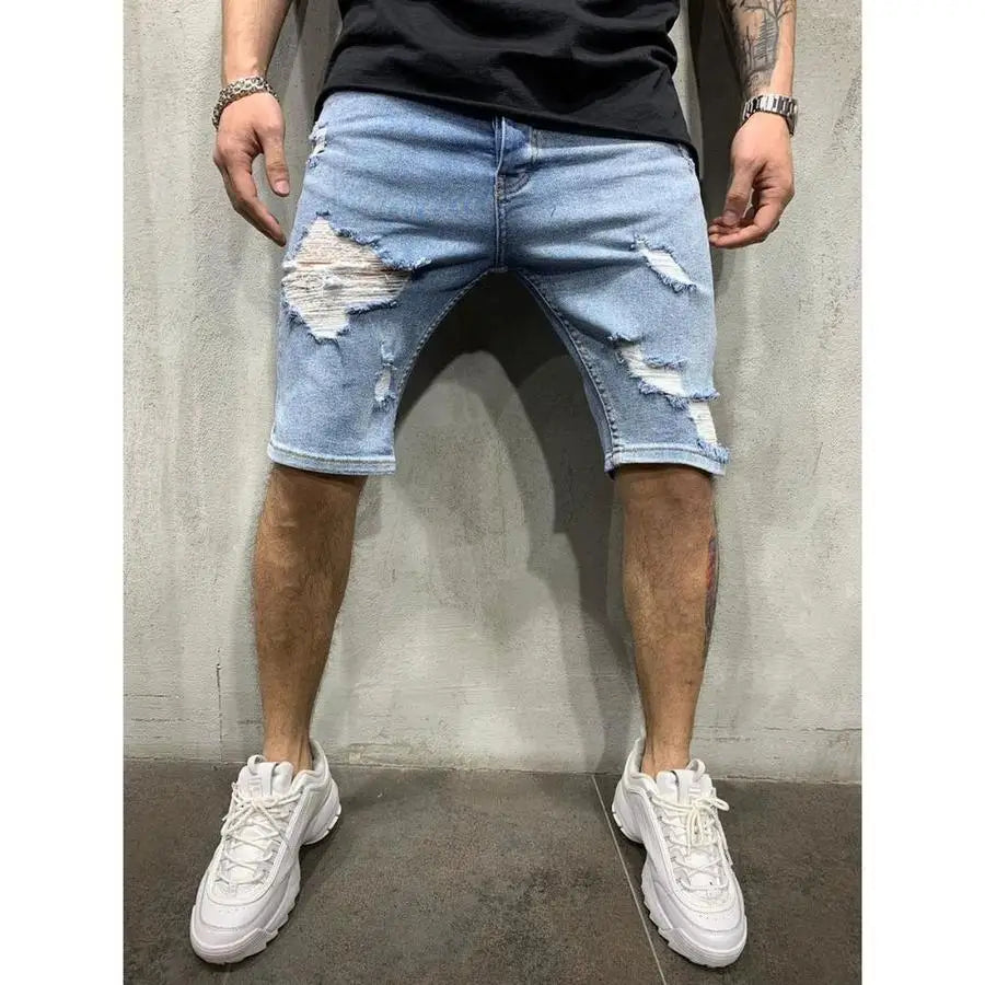 2024 Ripped tassel denim shorts New Summer Men's Personalized Washable Perforated Denim Pants Large Casual Middle Pants