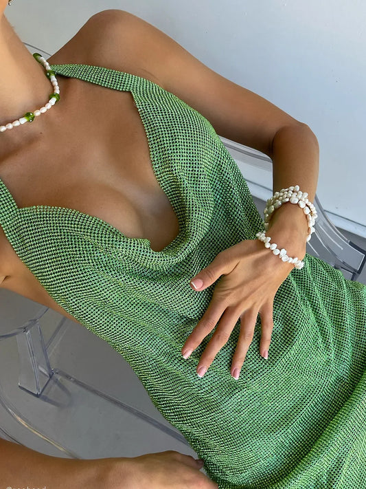 Formal attire Dresses: Backless V Neck Mini Dress For Women Shiny Rhinestone Halter