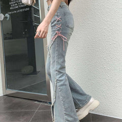 American Split Jeans Women Pink Bandage High Waist Irregular Spliced Denim Pants