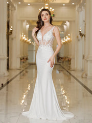 Homecoming Dresses: White Mermaid V Neck Evening Dresses Elegant Appliques