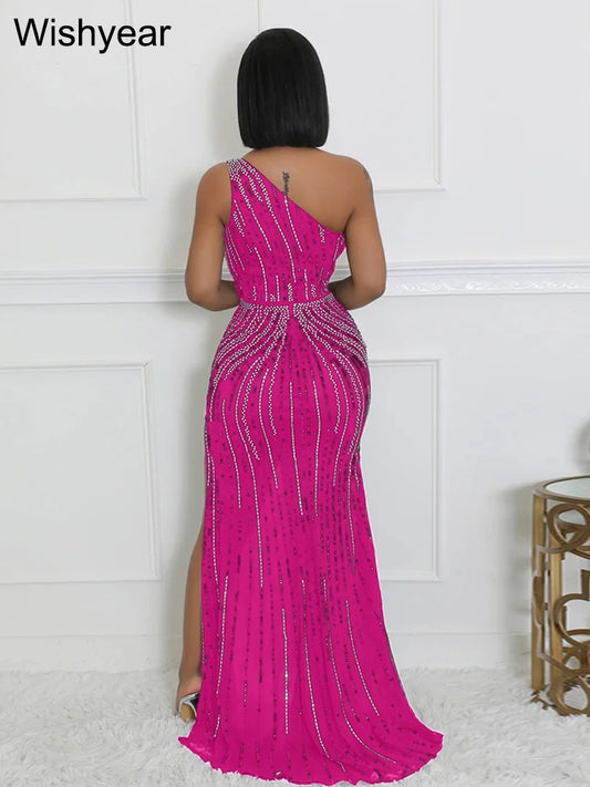 Evening Dresses: Elegant Skew Collar Side High Split Rhinestone Bodycon Long Dress