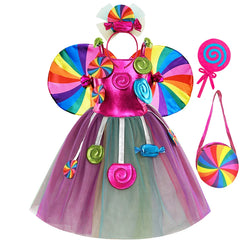 Girls Candy Dress Children Rainbow Lollipop Tulle Tutu Kids Holiday Stage