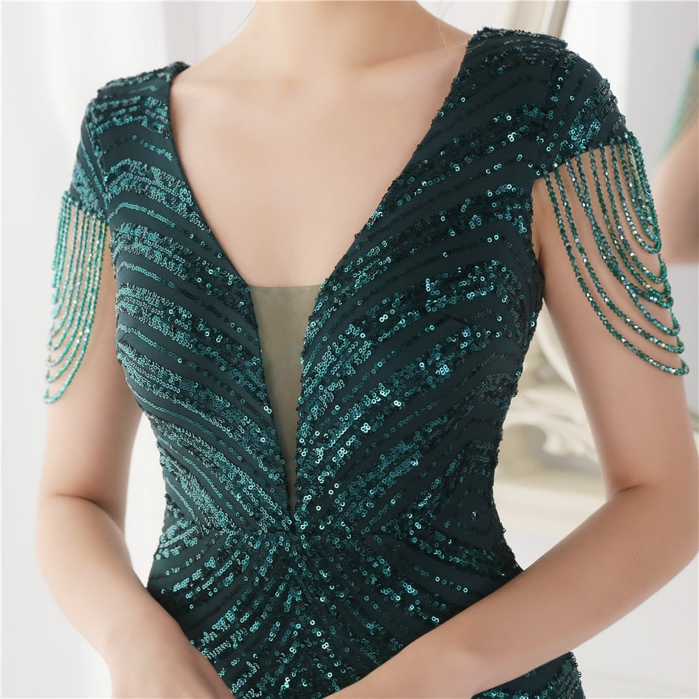 Evening wear Dresses: V Neck Green Sequin Evening Dress Party Maxi Dress for Ladies