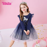 Kids Flare Sleeve Autumn Spring Dress Girls Licorne Cartoon Dress