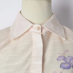 Floral Print Collar Bow Tie Scarf Neck Short Flare Sleeve Women Ladies