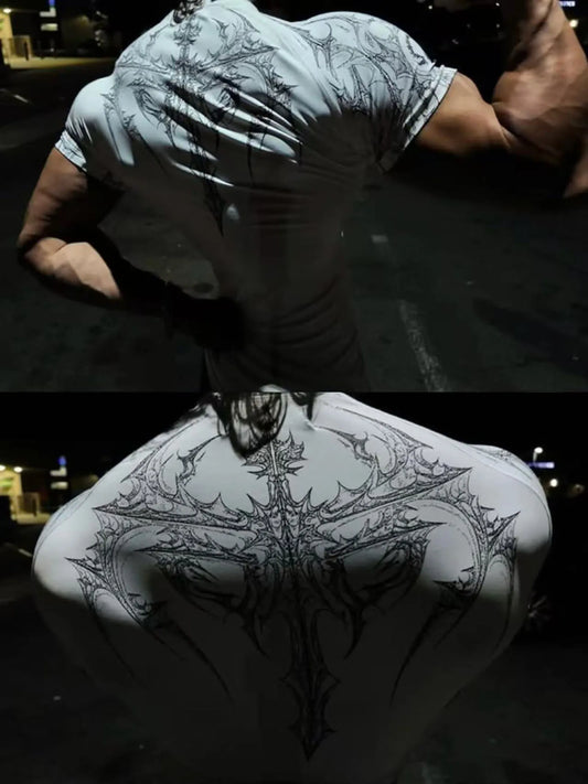 GYM T-shirt Men's Dark Gothic Print Muscle Tee High Elasticity And Quick Drying Exercise For Bodybuilding Training 2025 Summer