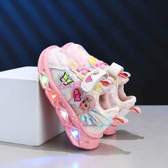 Disney LED Casual Sneakers For Spring Girls Frozen Elsa Princess Print Pu Leather Shoes