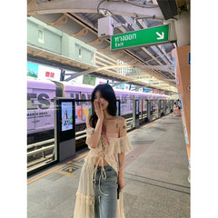 Sweet Ruffles Dress Women Y2K Slash Neck Bandage Robe Vintage Streetwear