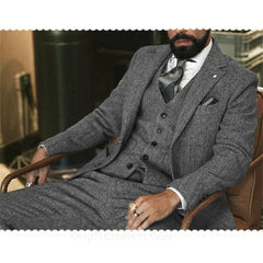 Beach Wedding Outfit Men: Elegant Gray Wool Tweed 3-Piece Men's Suit for Formal