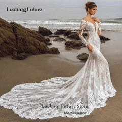 White Bridesmaid Dresses: Long Sleeve Wedding Dress Lace Appliques Bridal Gowns