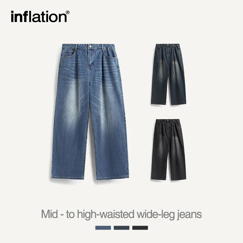 High Street Wide Leg Jeans Men Washed Baggy Denim Trousers