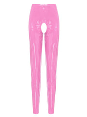 Womens Wet Look PVC Leather Open Crotch Butt Leggings High Waisted Crotchless