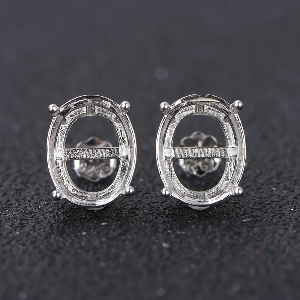 Oval 4-prong silvery Golden Rose golden color solid 925 sterling silver stud earring settings DIY jewelry supplies