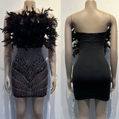 Formal attire Dresses: Off The Shoulder Mesh Sheer Rhinestone Feather Prom Dress