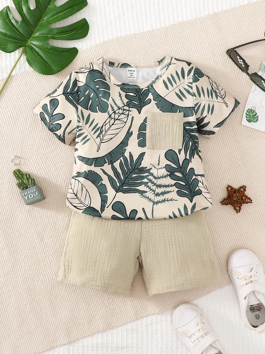 2PCS Kid Boy Clothes Set Short Sleeves Leaf Print Pocket Style T-shirt+Shorts Summer Casual Outfit For Child Boy 4-7 Years