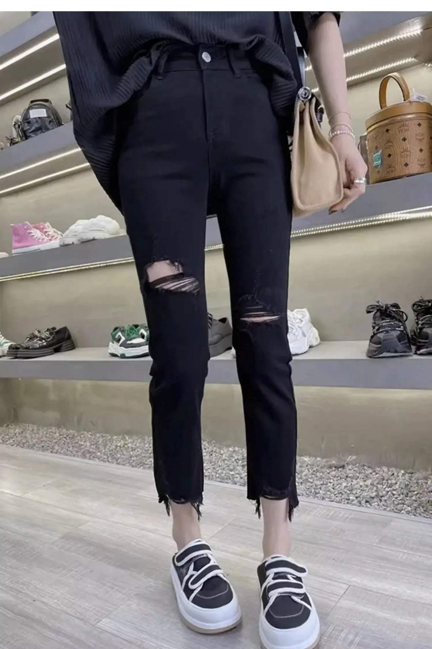 Women's Jeans Spring And Autumn Slimming Black Ripped Pants
