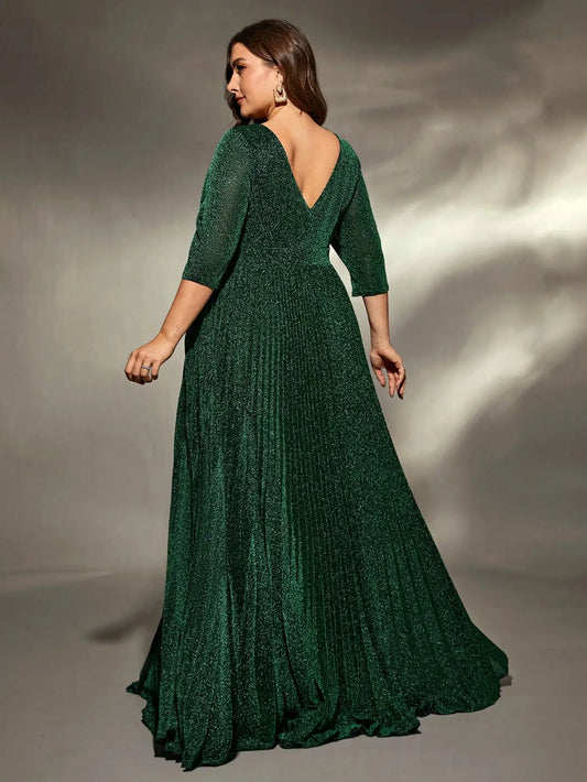 Mgiacy plus size V-neck pleated sequin maxi gown Evening gown Ball dress