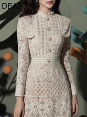 Formal attire Dresses: Women Hollow Out Dress Full Sleeves Patchwork Single Buttons