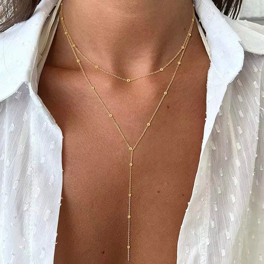Gold Plated Lariat Necklace for Women, Double Laryered Long Chain Drop Pendant Choker Necklaces Fashion Gifts