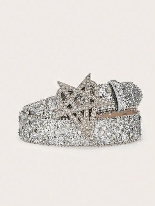 1pc Men's Y2K Punk Six-pointed Star Rhinestone Buckle Glitter Rhinestone Belt, A Versatile Belt To Match Jeans