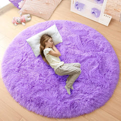 Purple Round Fluffy Carpet for Kids, Soft Area Rug for Girls Room, Princess Castle Plush