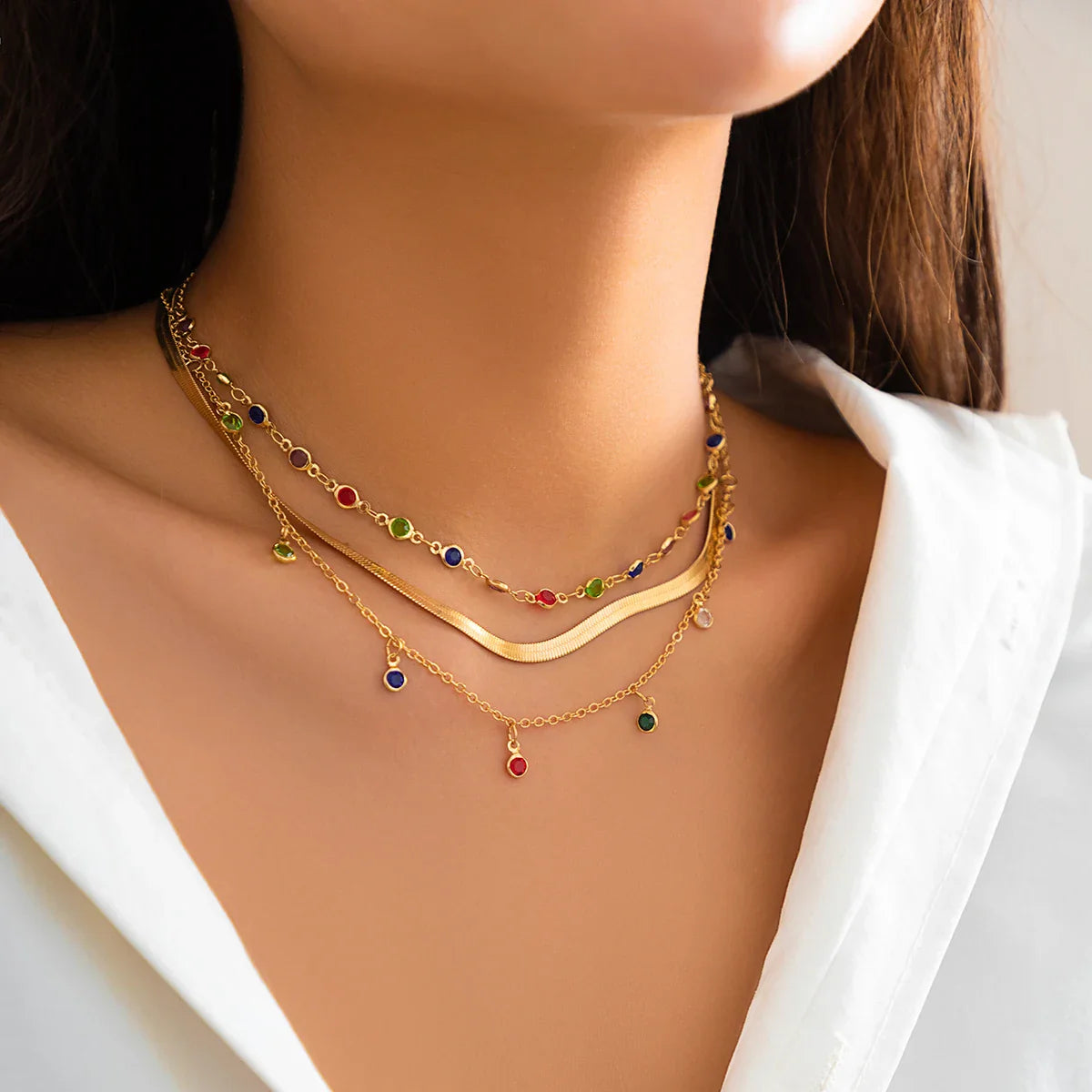 IngeSight.Z 2026 Trendy MultiLayered Color Crystal Chain Choker Necklace for Women Boho Flat Snake Chain Clavicle Short Necklace