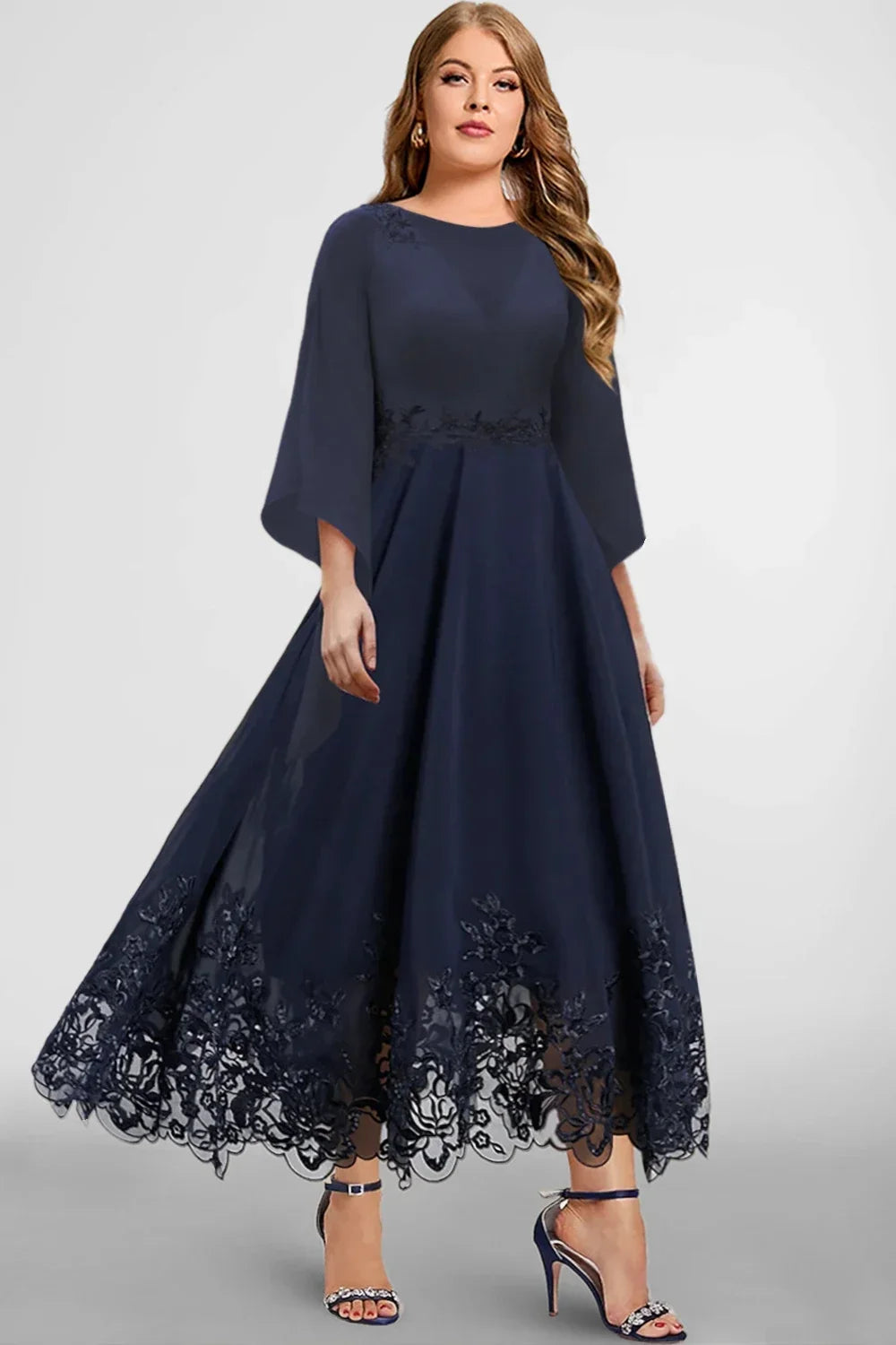 Plus Size Formal Navy Blue Chiffon Lace Stitching 3/4 Sleeve Tunic Maxi Dress