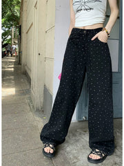 Black Polka Dot Straight Jeans Women High-waisted Loose Wide Leg Pants