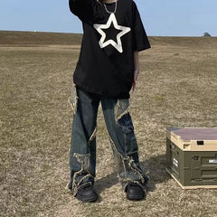 American Retro Washed Wide-Leg Star Patch Jeans Women High Street Y2K