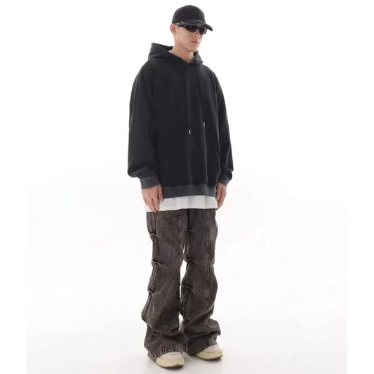 Vintage Pleated Design Jeans Men Women Grey Distressed Wide Leg Pants